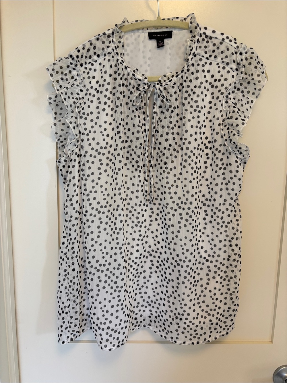 Tamara H - White Polka Dot Ruffle Sleeve Tie-Neck Blouse